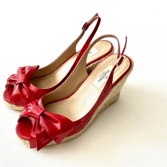 Valentino Red Patent Bow Open Toe Wedge Espadrille - Picture 3 of 9